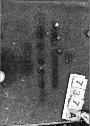 Grabstein 737 (Index: 100089105) Material: grauer Stein, Metallbuchstaben Maße HxBxT: 196x97x15 cm Besonderheit: kulturhistorisch wertvoll / hist.-wiss. Gründe (Gemeindestellung); - Doppelgrab: Grabstein 737A
