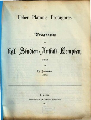 Ueber Platon's Protagoras
