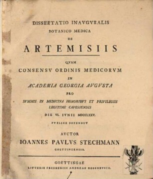 Dissertatio inavgvralis botanico medica de artemisiis