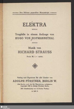 Elektra : Tragödie in einem Aufzuge