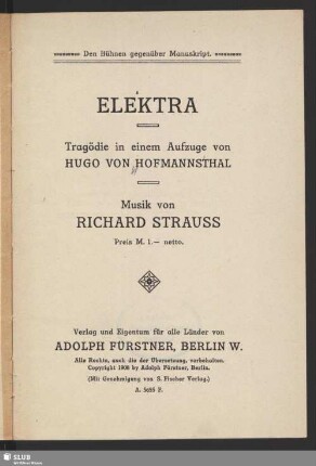 Elektra : Tragödie in einem Aufzuge