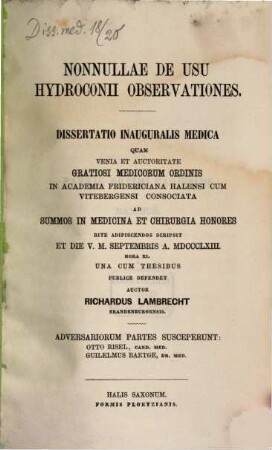 Nonnullae de usu hydroconii observationes : dissertatio inauguralis medica