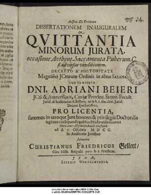 Dissertationem Inauguralem De Quittantia Minorum Iurata. occasione Authent. Sacramenta Puberum. C. si adversus venditionem
