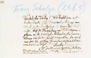 Brief an den Verlag Franz Schulze, Berlin