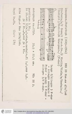 Sinfonia / a / 2 Corn / 2 Flaut. Tr. / 2 Violin / Viola / e / Cembalo. / [Incipit] / Christoph Graupner.