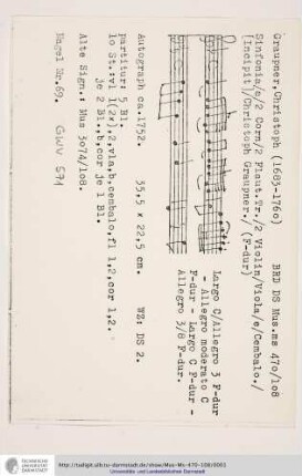 Sinfonia / a / 2 Corn / 2 Flaut. Tr. / 2 Violin / Viola / e / Cembalo. / [Incipit] / Christoph Graupner.