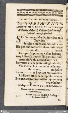 Viro Clariss. Et Excellentiss. Dn. Tobiae Knoblochio Med. Doct. Et Ordinario Archiatro Aulico & Poliatro Onolsbacensi, Fautori & Amico suo pl. colendo ...