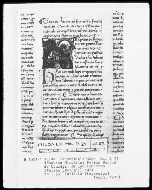 Antonius Minutius, Petrus Baldus de Ubaldis, De usu feudorum — Initiale I (imperator), Folio 53 recto