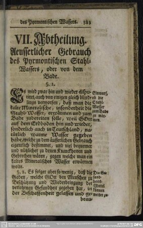 VII. Abtheilung. Aeusserlicher Gebrauch des Pyrmontischen Stahl-Wassers, oder von dem Bade