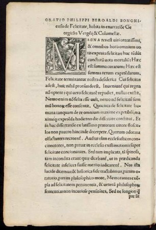 Oratio Philippi Beroaldi Bononiensis de Felicitate, habita in enarratio[n]e Georgicon Vergilii & Columellae.