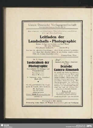 Werbung: Leitfaden der Landschafts-Photographie, Union Deutsche Verlagsgesellschaft, Berlin