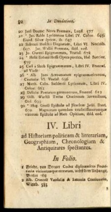 IV. Libri ad Historiam politicam & litterariam, Geographiam, Chronologiam & Antiquitates spectantes