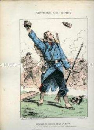Karikatur, Infanteristen der National-Garde im Kampf mit preußischer Artillerie, Frankreich 1870. Tafel 3 aus: Souvenirs du Siège de Paris. Les Défenseurs de la Capitale.