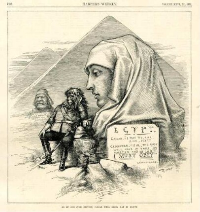 As of old (the british) Caesar will grow fat in Egypt : der britische Löwe sitzt vor einer Büste von Kleopatra. Im Hintergrund wird Arabi Pascha als Sphinx dargestellt