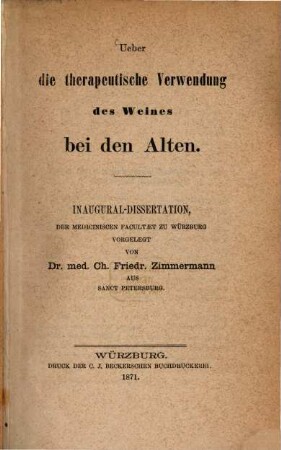 Ueber die therapeutische Verwendung des Weines bei den Alten
