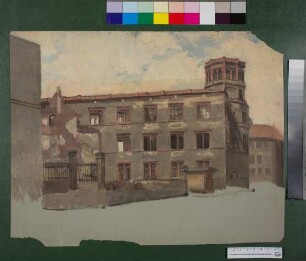 Blick auf das Düsseldorfer Schloss mit Schlossturm nach dem Brand 1872