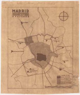 Flächennutzungs- und Verkehrsplan für Madrid: Erwartete Ausdehnung der Stadt: Lageplan mit Zoneneinteilung 1:100000