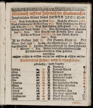 Caracteres und Zeichen/ welche in disem Calender gebräuchig/ seynd folgende.