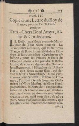Num. III. Copie d'une Lettre du Roy de France, pour le Cercle Franconique.