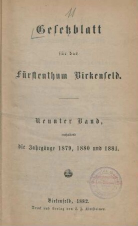 9.1879/81: Gesetzblatt für das Fürstenthum Birkenfeld