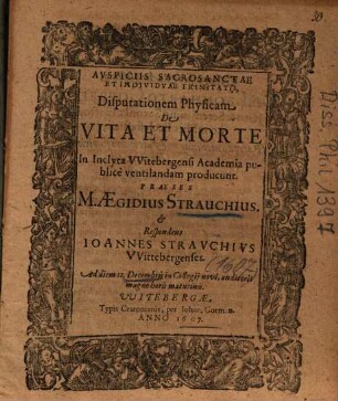 Disputationem Physicam De Vita Et Morte