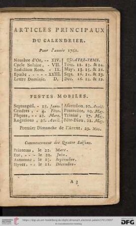 Articles Principaux du Calendrier. Pour l'Année 1761