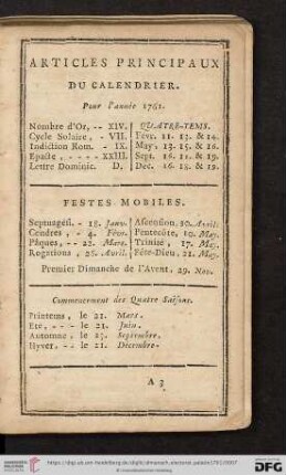 Articles Principaux du Calendrier. Pour l'Année 1761