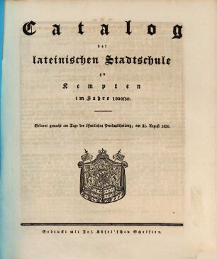 Catalog des K. Gymnasiums zu Kempten. 1829/30