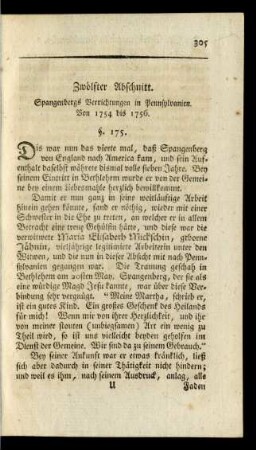 Zwölfter Abschnitt. Spangenbergs Verrichtungen in Pennsylvanien. Von 1754 bis 1756. §. 175. - §. 187.