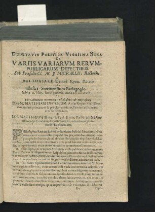 Disputatio Politica Vigesima Nona De Variis Variarum Rerum-Publicarum Defectibus. ... a Balthasare Brauntz
