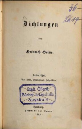 Heinrich Heine's sämmtliche Werke, 17.. Dichtungen, Th. 3: Atta Troll. Deutschland. Zeitgedichte