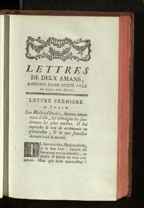 Lettres de deux Amans, Habitans d'une petite Ville au pied des Alpes