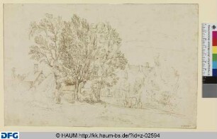 Bauernhäuser hinter hohen Bäumen