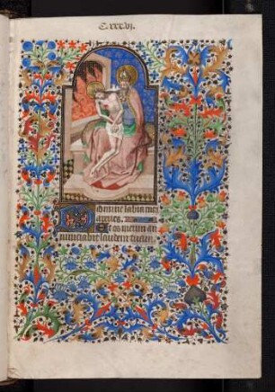 Bordüren-Miniatur-Seite: (Wochentagsgebet für Sonntag) Gnadenstuhl; Zierinitiale: D(omine labia mea aperies)