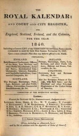 The Royal kalendar and court and city register for England, Scotland, Ireland and the colonies : for the year .... 1840