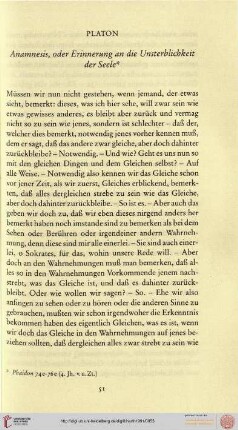 Platon: Anamnesis, oder Erinnerung an die Unsterblichkeit der Seele
