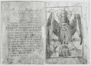 Ars memorandi notabilis per figuras evangelistarum. 3. Ausgabe. Ulm, 1465. Doppelseite Blatt 1v mit Text und Blatt 2r mit ganzseitiger Adlerdarstellung