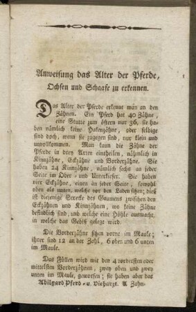 Anweisung das Alter der Pferde, Ochsen und Schaafe zu erkennen.