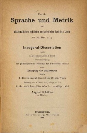 Über die Sprache und Metrik der mittelenglischen weltlichen und geistlichen lyrischen Lieder des Ms. Harl. 2253