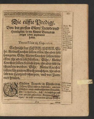 Die eilffte Predigt. Von der grossen Glori/ Frewde und Herrligkeit ...