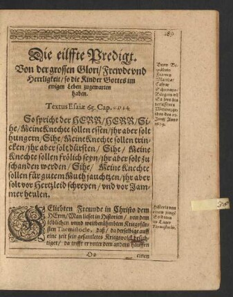 Die eilffte Predigt. Von der grossen Glori/ Frewde und Herrligkeit ...