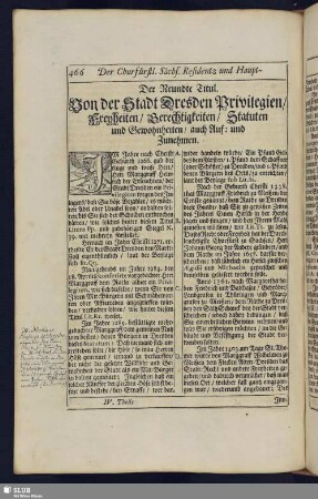 Der Neundte Titul. Von der Stadt Dresden Privilegien/ Freyheiten/ Gerechtigkeiten/ Statuten