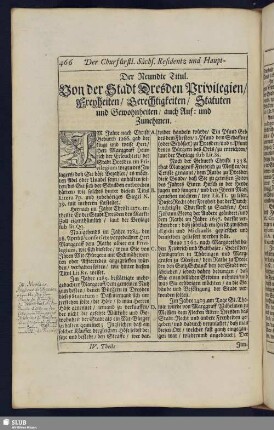 Der Neundte Titul. Von der Stadt Dresden Privilegien/ Freyheiten/ Gerechtigkeiten/ Statuten