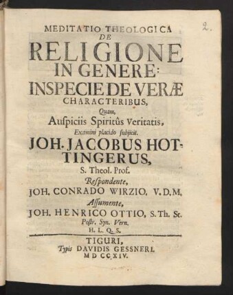 Meditatio Theologica De Religione In Genere: Inspecie De Veræ Characteribus