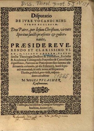 Disputatio De Ivre [Iure] Vocandi Ministros Ecclesiae