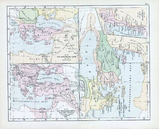 Das Oströmische Reich zur Zeit Karls des Gr. Die Reiche der Kreuzfahrer um 1142. Latein. Kaisertum in Constantinopel und die christlichen Reiche im Orient 1204. Das Osmanische Reich nebst seinen Schutzstaaten nach seiner grössten Ausdehnung 1682