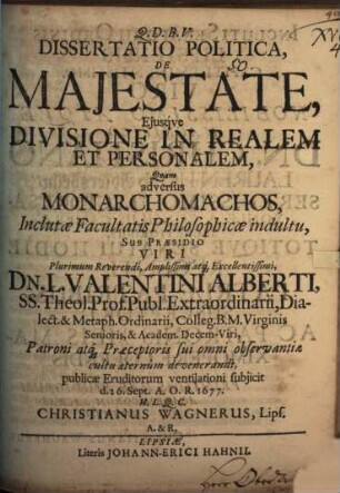Diss. pol. de maiestate, eiusque divisione in realem et personalem