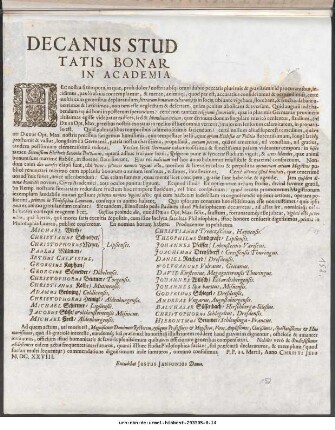 Decanus Studii Communitatis Bonarum Artivm in Academia Lipsiensi : Haec nostra si tempora, in quae, proh dolor! nostris absq[ue] ... P. P. 21. Martii, Anno Christi Jesu M.DC.XXVIII.
