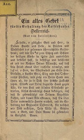 Ein altes Gebet für die Erhaltung des Kaiserhauses Oesterreich