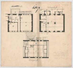 Thiersch, Friedrich von; nicht bestimmbare Blätter - Grundriss Hauptgeschoss, Grundriss UG, Grundriss OG